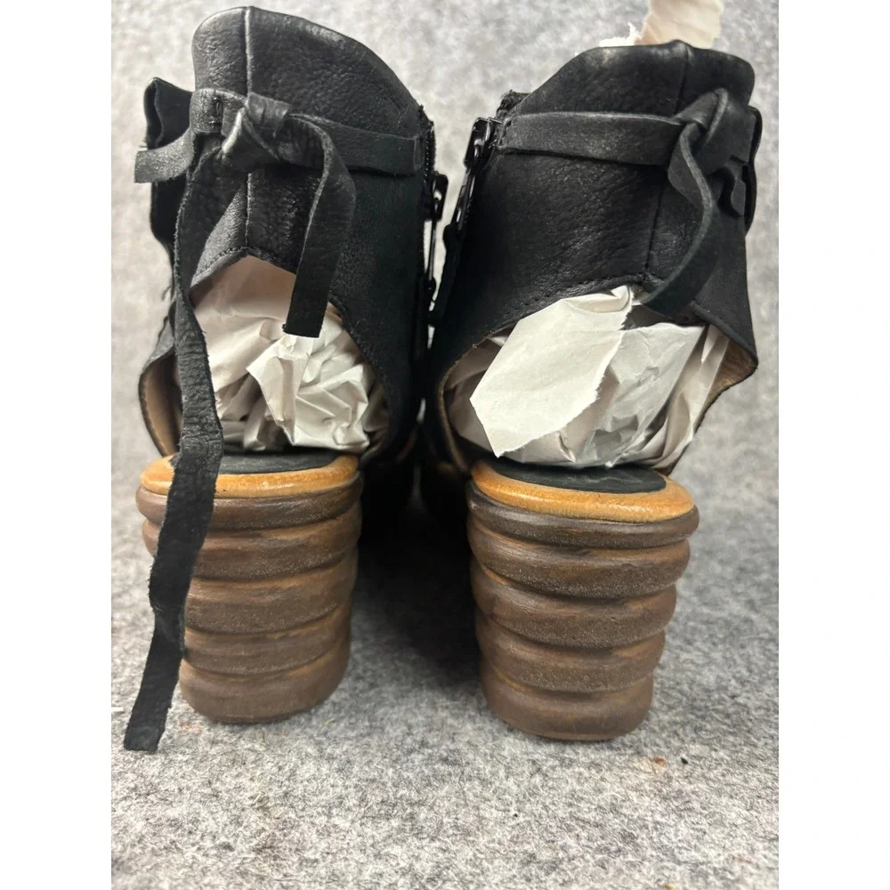 Miz Mooz Anna Wedge Sandals Womens 38 Leather Ruched Peep Toe Ankle Booties
